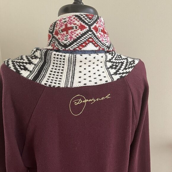 Desigual Patchwork Shawl Neck Pullover Sweater S Burgundy Cottagecore - Picture 11 of 16